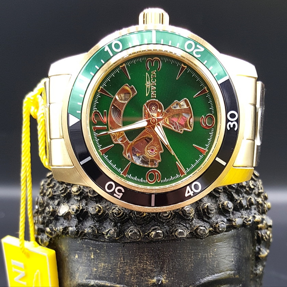FIRM PRICE-New Invicta Mechanical Green Dial gold tone men's watch.